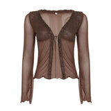KYLETHOMASW  -  Retro V-neck lace border cardigan hot and spicy light cooked style thin cut see through long sleeved sunscreen jacket