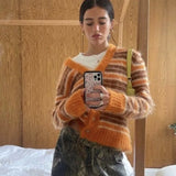 KYLETHOMASW  -  Striped Fuzzy Mohair V-Neck Knit Cardigan Oversize Button Front 2025 Autumn New Chic Casual Women Coat Fashion Cozy Lady Sweater