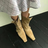 KYLETHOMASW  -  Genuine Leather Butterfly Knot Wrapped Strap Short Ankle Boots Women Polished Color Distressed Flat Bottomed Bare Shoes Female