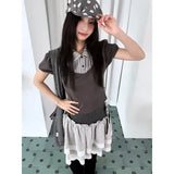 KYLETHOMASW  -  American Retro Daily Mixed Wear College Style Short Sleeved Top Casual Waist Cinched Pleated Half Skirts Autumn Y2k Vintage 2pcs