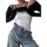 KYLETHOMASW  -  Womens Long Sleeve Shirt & White Camisole Sets Off The Shoulder Going Out Tops Tees Y2K Outfits