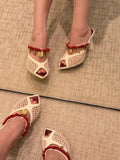 KYLETHOMASW  -  Women Mesh Mule Heels Red Coral Beads Seashell Decor High Heel Summer Beach Vacation Fashion Sandals Open Back Slip On Party