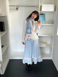 KYLETHOMASW  -  Autumn Winter Y2k Skirts Blue Plaid Woolen Vintage Plaid Lace Splicing Skirt High Waist Slimming A Word Long Skirt