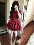 KYLETHOMASW  -  Red Vintage Waist Cinching Sweet Lace Dresses Y2k Lace Up Spring Summer Elegant Women's Dress Korean Fashion Design Ouutfit