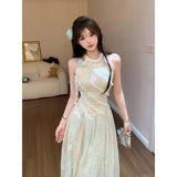 KYLETHOMASW  -  French Sweet Green Sleeveless Dress Women Summer Asymmetrical Lace Halter Neck Floral Maxi Dress Romantic Y2K Chic Fashionable