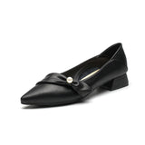 KYLETHOMASW  -  spring leather bow band flat shoes woman pointed toe pearl decoration slip on loafers two wears pleated ballet flats for women