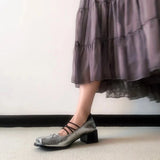 KYLETHOMASW  -  Women Genuine Leather Bow Decorated Flat Shoes with Cross Straps Thick Heels Mary Jane Shoes Shallow Mouth Comfortable Loafers