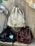 KYLETHOMASW  -  Harajuku Solid Color Chain Backpack Women Drawstring Studded Leather Large Capacity Backpack Ladies Fashion Y2k Mochilas Mujer