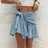 KYLETHOMASW  -  Blue Wrap Denim Mini Skirt Women Casual Ruffle Bow Tie Summer New Vacation Beach Aesthetic Streetwear