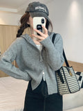 Kylethomasw Double Zipper Cropped Knitwear Basic Zip Up Hooded Knitted Cardigan Slim Long Sleeve Sweaters for Women Winter Clothes