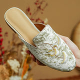 KYLETHOMASW  - Women's embroidery velvet slip-on flats summer mules round toe pigskin inside sheepskin insole casual female sandals shoes woman