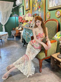 KYLETHOMASW  -  Summer Women Two Piece Set Floral Corset Top and Lace Midi Skirt Elegant Mesh Outfit Slim Fit Vintage French Style Beach Suit