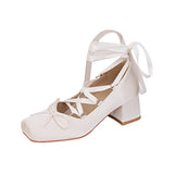 KYLETHOMASW  -  New Women's Coarse Heels Pink Cross Tie High Heels girl Ballet Shoes Elegant Silk Lolita Single Shoes