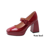 KYLETHOMASW  -  Red Patent Leather Mary Jane Pumps for Women Strap Buckle Chunky High Heels Shoes Woman Platform Pump Burgundy Party 43