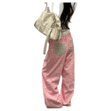 KYLETHOMASW  -  American Retro Plaid Patchwork Pocket Casual Pants Women Summer Loose Versatile Straight Leg Wide Leg Pants Lazy Style Long Pant