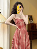 Kylethomasw Elegant Plaid Midi Dress Women French Vintage Spaghetti Strap A-line Spring Summer Holiday Beach Style Prom Robe Vestidos Mujer