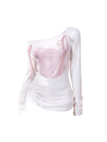 KYLETHOMASW  -  Y2k White Corset Graphic T Shirts for Women Bow Long Sleeve Off Shoulder Tops Ballet Style Fashion Slim Cute Girl Tees