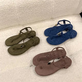 KYLETHOMASW  -  Summer Women's Blue Suede T-Strap Flip Flops Metal Decor Flat Sandals Ankle Strap Casual Slingback Slippers Beach Shoes