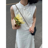 KYLETHOMASW  -  Summer Stand Collar Sleeveless Dresses Women Elegant French Daily Frog Buttons A-line Midi Dress Slim Chic Chinese Vestidos 962A