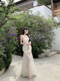 KYLETHOMASW  -  Elegant Summer Long Dress New Lace Fish Tail Goddess Style Holiday Floral Print Slimming Women's Fashion Ankle-length Sleeveless