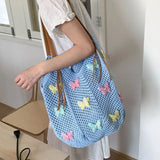 KYLETHOMASW  -  Cute Hollow Out Butterfly Knitting Bag Beach Handbag Tote Bag Beach Bag Large Capacity Bohemian Style Hollow Shoulder Bag Travel