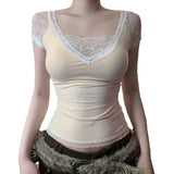 KYLETHOMASW  -  V-neck lace trimmed short sleeved T-shirt with ins European and American design, thin, solid color, tight elastic top