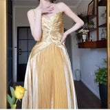 KYLETHOMASW  -  Golden Velvet Camisole Dress Women Spring Autumn Elegant Pleat Long Party Dress Luxury Diamond Vestidos Fashion 848P