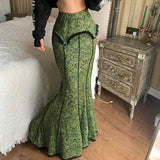 KYLETHOMASW  -  Y2K Vintage Fashion Elegant Green Trumpet Long Skirt Graphic Printed Lace Trim High Waist Skirt Women Aesthetic