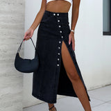 KYLETHOMASW  -  Women's Denim Skirt Solid Color High Waist Oblique Button Up Split Long Skirt for Travel Party