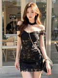 KYLETHOMASW  -  French Hepburn Style Lace Hollow One-shoulder Dress for Women Pure Sexy Sexy Hot Girl Waist-hugging Short Skirt