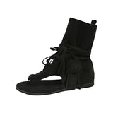 KYLETHOMASW  -  New Women's Flat Bottom Tassel Tie Sandals Retro Toe-Strap Short Boots Versatile Cross Buckle Ankle Boots Sporty Style