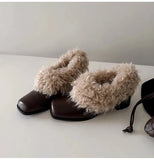 KYLETHOMASW  -  Ins style Fashion Square toe Patent Leather Wool Women Pumps Autumn Winter Warm High heels Loafers Casual Girls Chunky Shoes