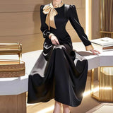 KYLETHOMASW  -  early autumn women's black satin long-sleeved dress formal settings high-end French waist bow dress