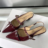 KYLETHOMASW  -  Rivet Metal Belt Buckle Design Low Heel Sandals Women Sexy Pointed Toe Patent Leather Slingbacks Round Heel Women Pumps Mules