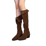 KYLETHOMASW  -  Women Leopard Knee High Boots Sexy High Heels Shoes Winter Warm Long Boots New Suede Pumps Chunky Chelsea Boots Snow Botas
