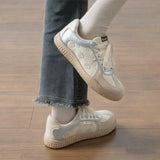 KYLETHOMASW  -  Retro Women Flower Embroidery Sneakers Beige Gum Sole Hook‑Loop & Lace‑Up Round Toe Cute Casual German Trainer Board Shoes