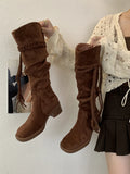 KYLETHOMASW  -  Brown Suede Boots Woman Round Toe Fall Winter Gothic Shoes Fashion Chunky Heels Knee High Boots Western Style Ladies Shoes