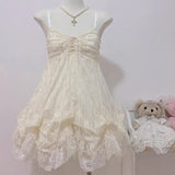 KYLETHOMASW  -  Vintage Lace Mini Dress Women Y2K Harajuku Bandage Bud Dresses Summer Japanese Spaghetti Straps Design A Line Vestidos New