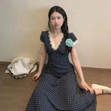 KYLETHOMASW  -  French Retro Lace Patchwork Maxi Dress Polka Dot Sweet Slim Short Sleeve Dress V Neck Preppy Style Summer Beach Party Vestidos