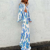 KYLETHOMASW  -  Y2K Graphic Print Long Sleeve Shirt Blouse + Wide Leg Pants Chic Women Two Piece Set Vintage Streetwear Boho Holiday Outfits