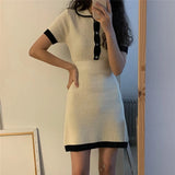 KYLETHOMASW  -  Turn Down Collar Knitted Dress Women Short Sleeve Mini Dress High Waist Dresses Korean Elegant Office Lady Bodycon Vestidos N324