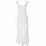 KYLETHOMASW  -  Fashion 2025 Summer White Ruffles Irregular Long Holiday Dress Fairy Women Sheer Mesh Sleeveless Vacation Beach Seaside Dress