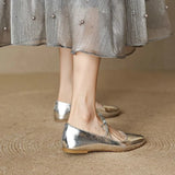 KYLETHOMASW  -  Women's Bow Square Toe Mary Jane Flat Shoes Genuine Soft Leather Low Heel Soft Sole Silver Spring Summer New Style
