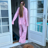 KYLETHOMASW  -  Bowknot Print Loungewear Comfy Soft Button Up Blouse Tops + Long Pants Women Autumn 2 Piece Set Sleepwear Cute Pajama Suit