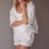 KYLETHOMASW  -  Kawaii 2 Piece Lounge Set Y2K Vintage Plaid Button Up Ruffles T-shirt Tops + Lantern Shorts 00s Retro Comfy Sleepwear Pajams