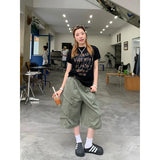 KYLETHOMASW  -  Women High-Waisted Cargo Wide-Leg Denim Shorts Green Gothic Y2K Harajuku Style Retro 2000s Jean Seven-Foot Clothes Summer