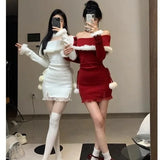 KYLTHOMASW  -  Sweet Hot Girl Christmas Red Dress for Women's Autumn and Winter Pure Sexy Slim Fit Off Shoulder Dress Fashion Female Clothes