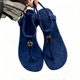 KYLETHOMASW  -  Summer Women's Blue Suede T-Strap Flip Flops Metal Decor Flat Sandals Ankle Strap Casual Slingback Slippers Beach Shoes