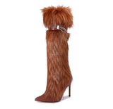 KYLETHOMASW  -  Pink Y2k Stiletto Metal Chain Boots Autumn Winter New Sexy Black High-heeled Fur Boots   on off