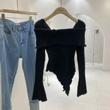 KYLETHOMASW  -  Sweet Hot Girl Three-dimensional Flower Knitted Sweater for Women's Autumn Off Shoulder Slim Fit Base Sweater Female Clothes